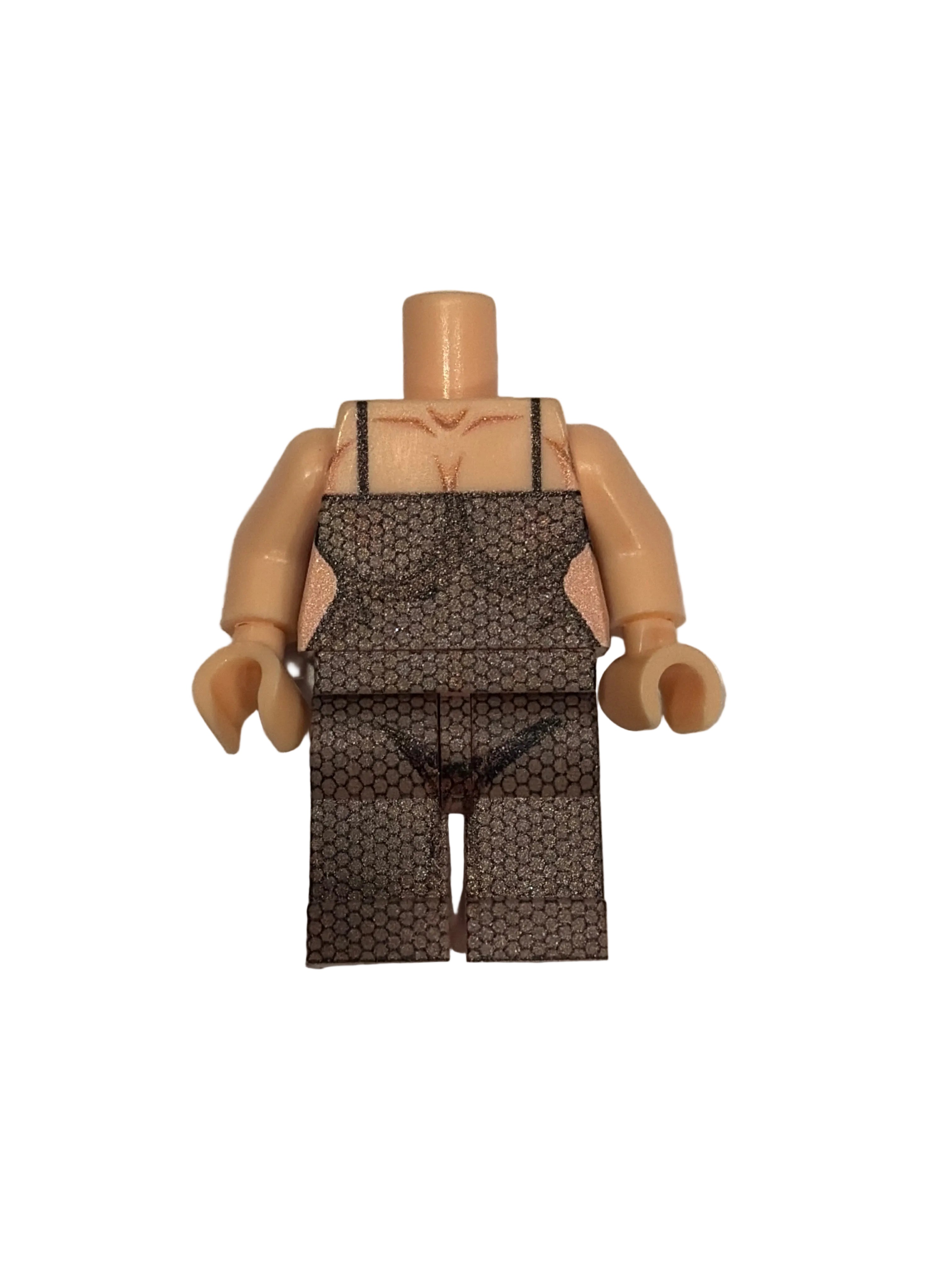 Toy figure with a patterned shirt on a plain background