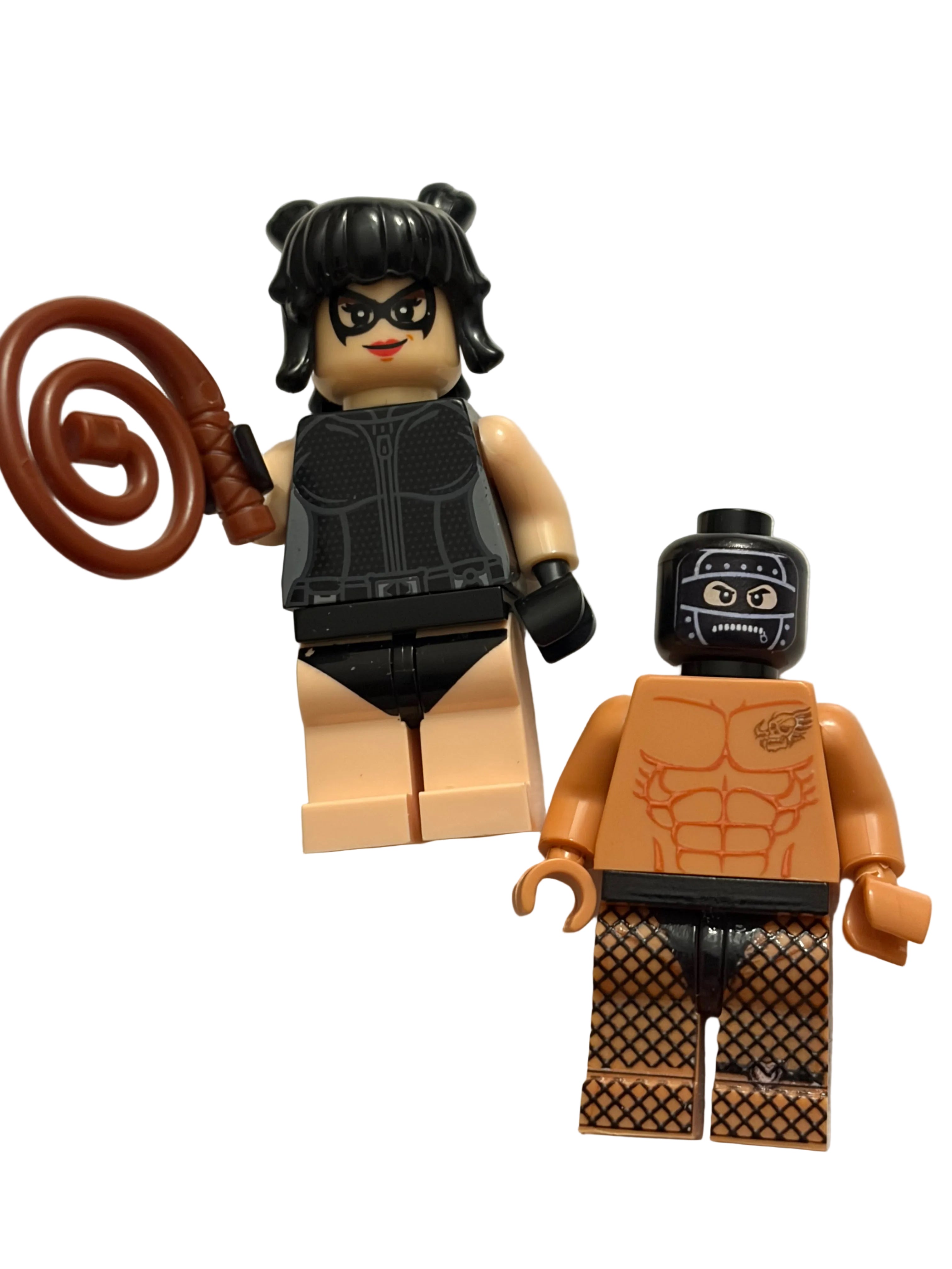 Dominatrix minifigure and submissive minifigure with black head on a white background