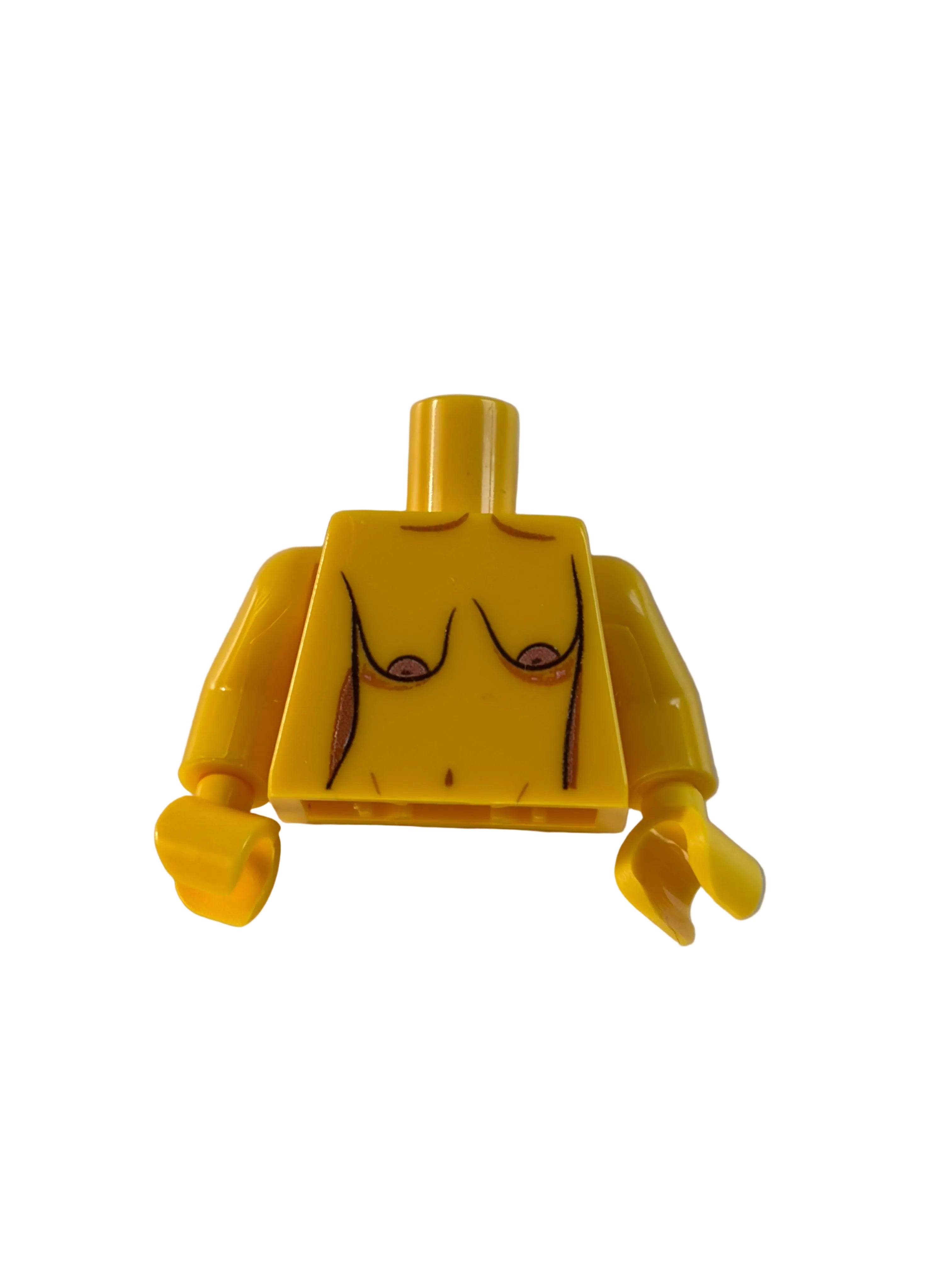 Yellow Lego torso piece with breasts on a white background