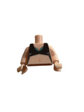 A single toy minifigure torso piece with beige skin-tone arms and legs, a black chest panel, and small teal and peach details, photographed on a plain light gray background.
