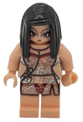 Close-up of a lego figure with black hair and detailed clothing on a white background