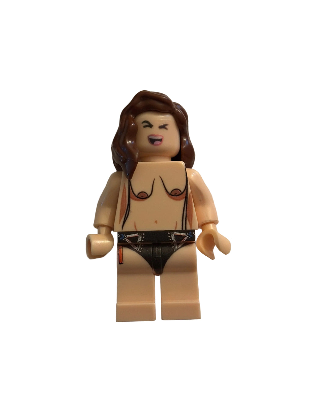 A custom-built topless female minifigure with brown hair, a tan skin tone, wearing a brown bra and black underwear, isolated on a white background.