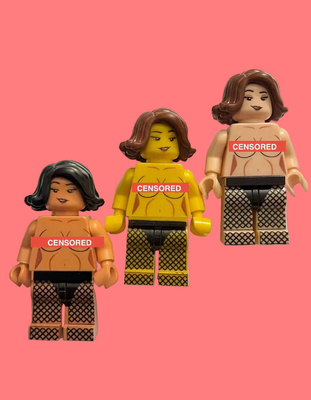 Three female minifigures with brown skin tones, black hair, and patterned black-and-white fishnet bottoms, shown against a plain white background. Each figure has a red 'CENSORED' overlay across the chest.