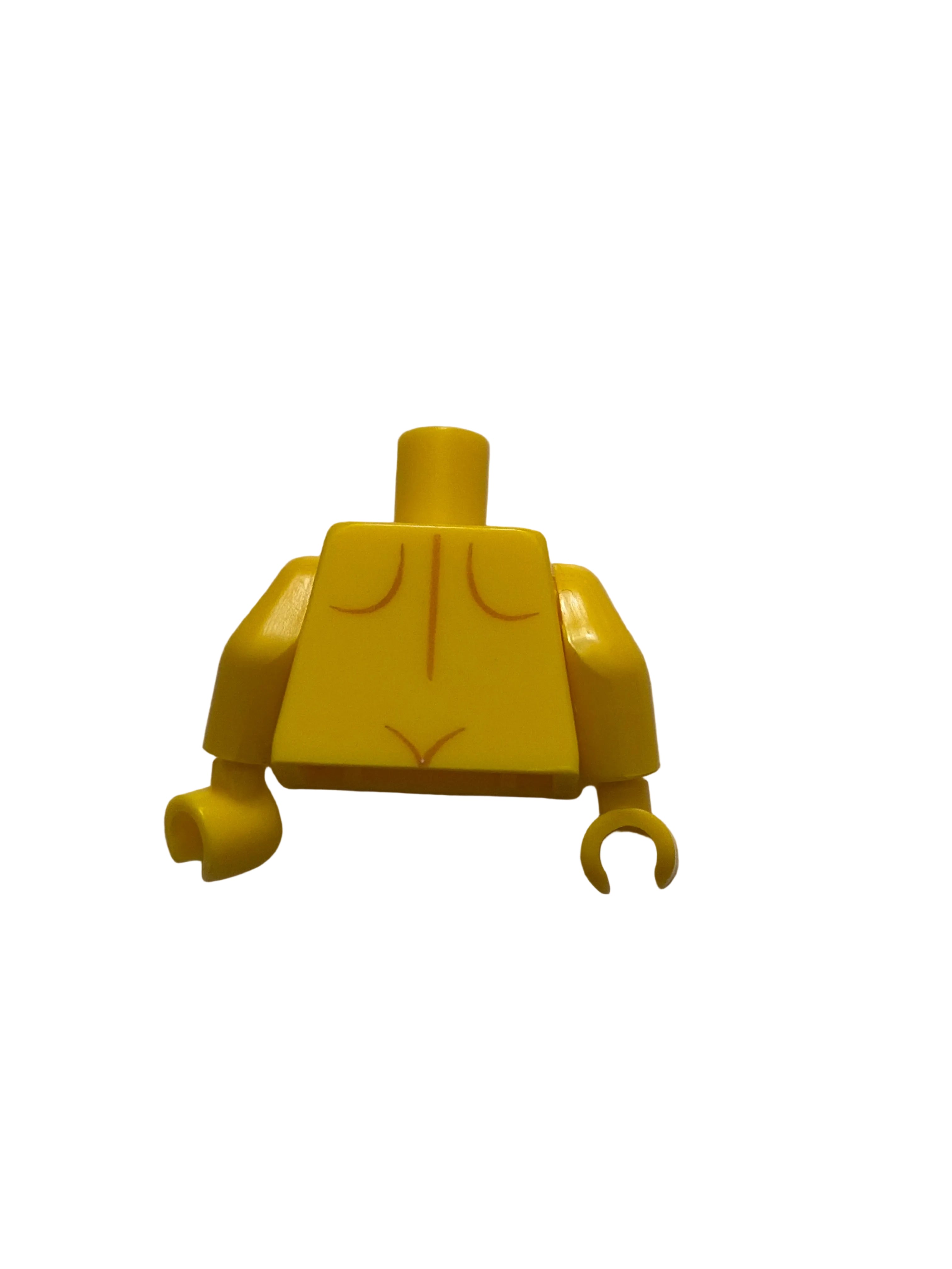 A yellow plastic LEGO minifigure torso piece with printed facial features and three loose arm/hand pieces, photographed on a plain off-white surface.