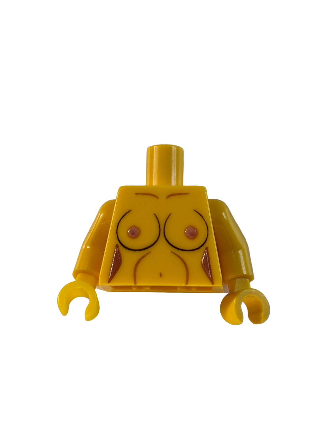 Yellow Lego piece with no face on a white background