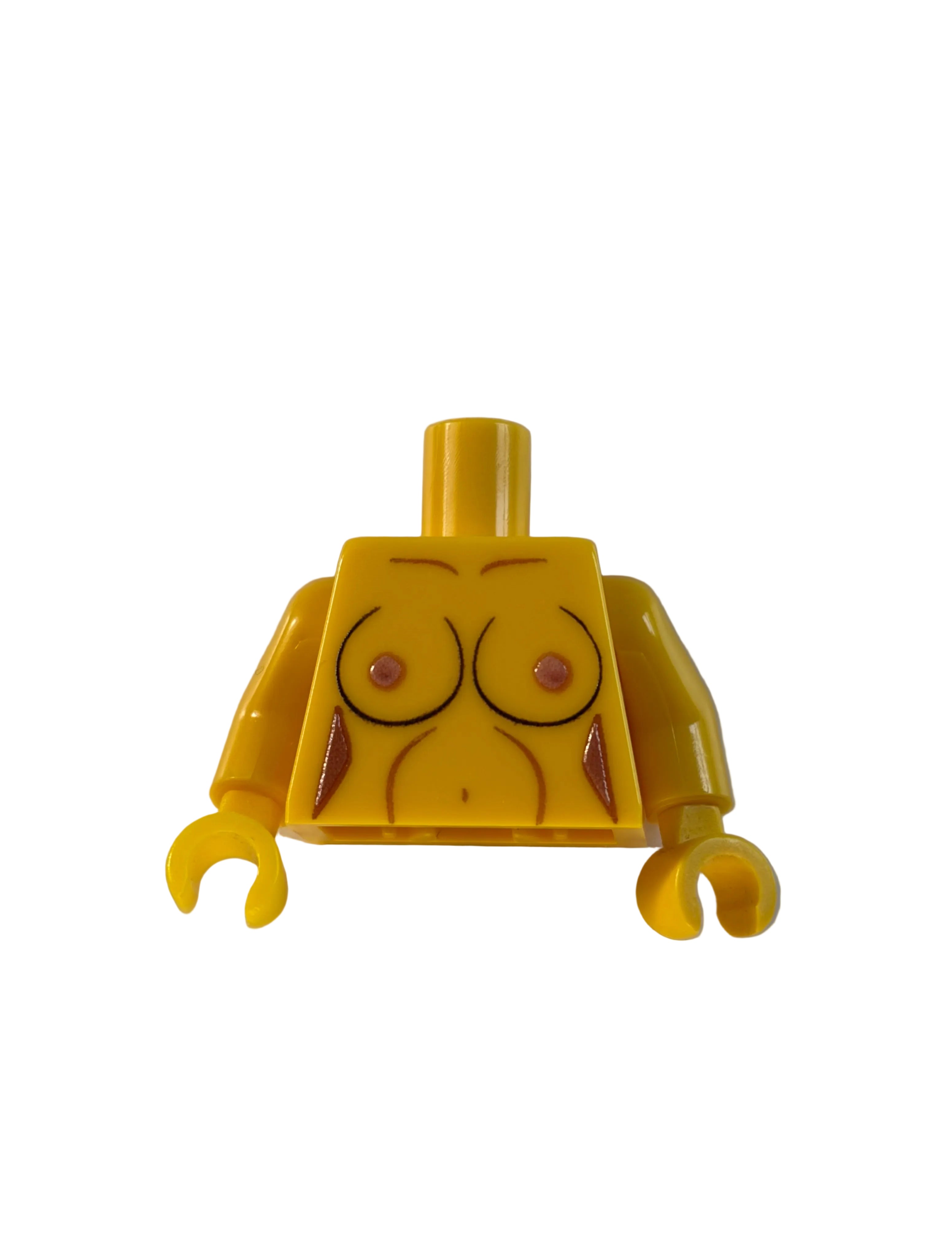 Yellow Lego piece with no face on a white background