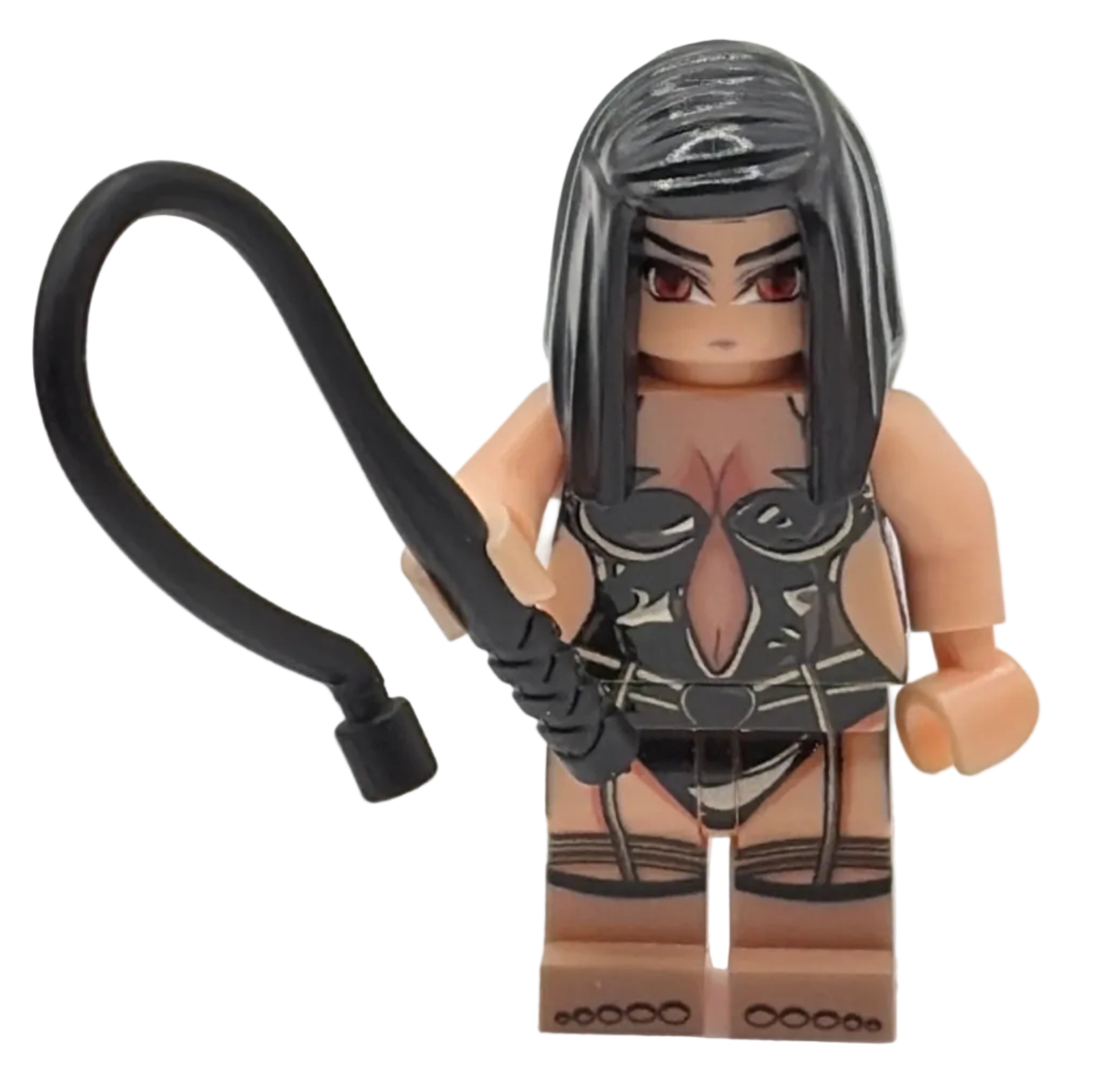 Toy figure with a headband and black strap on a white background