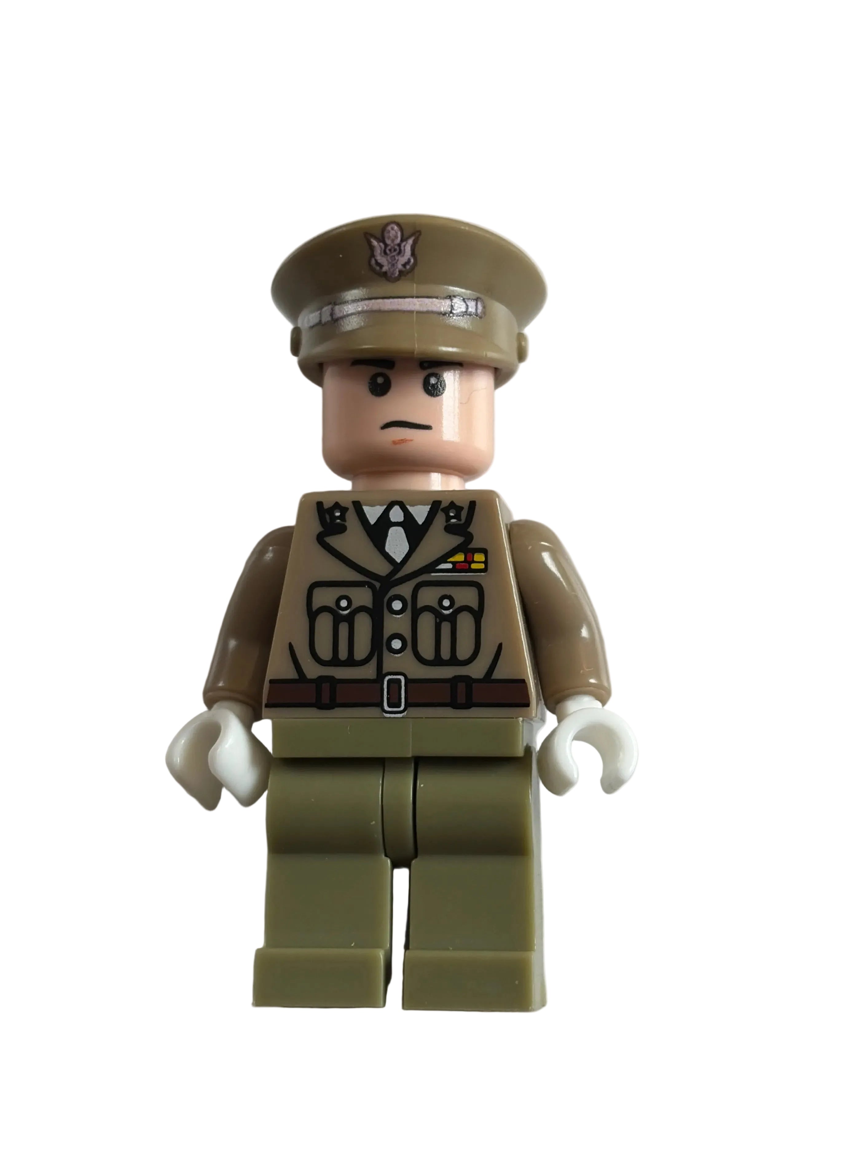 A military-themed minifigure in a khaki uniform with a matching peaked cap, white gloves, and a printed face, shown against a plain white background.