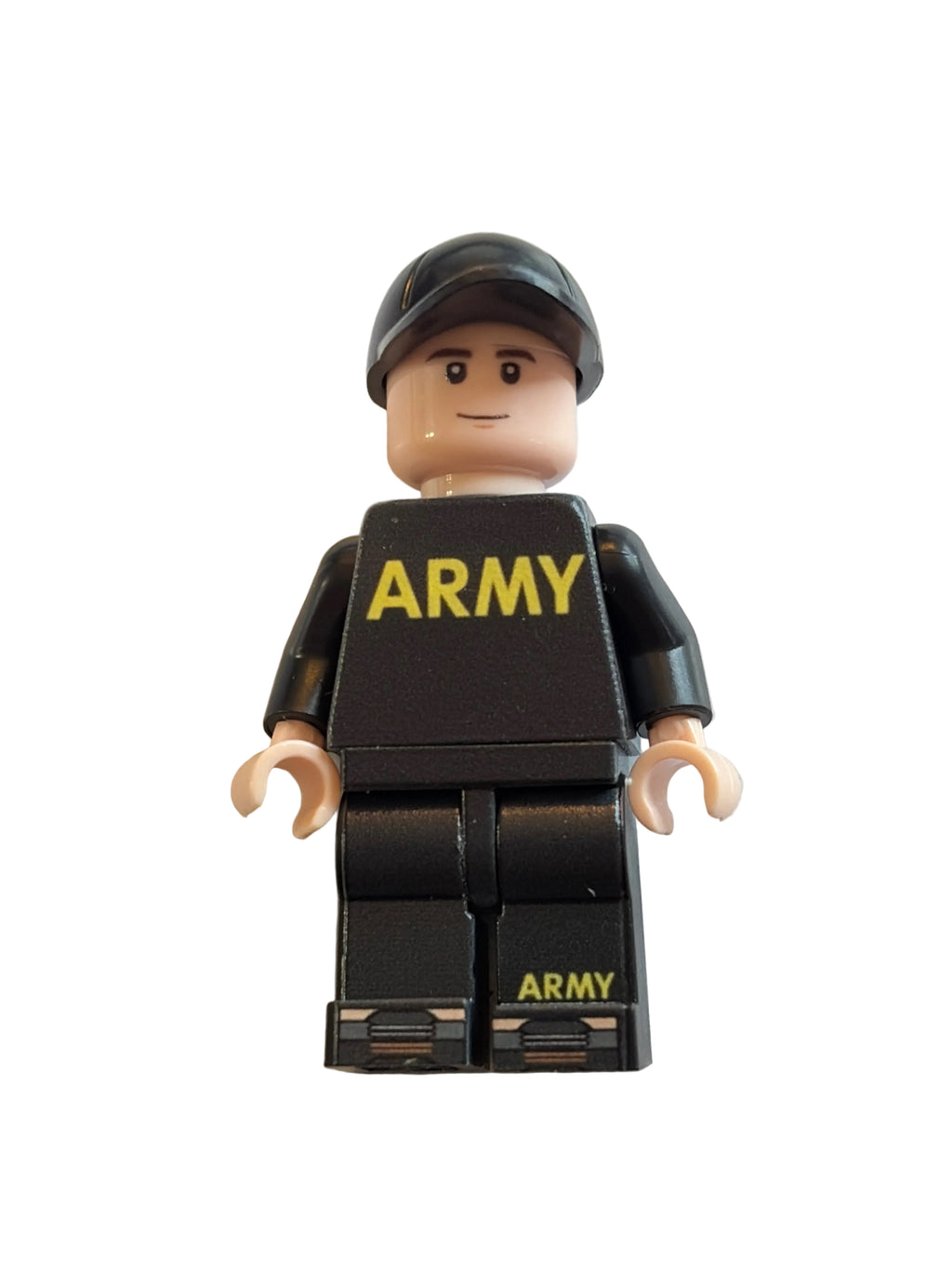 A custom toy minifigure dressed in a black tactical uniform with 'ARMY' printed in yellow on the chest and legs, wearing a black helmet. The figure has a beige plastic head and hands, standing against a plain off-white background.
