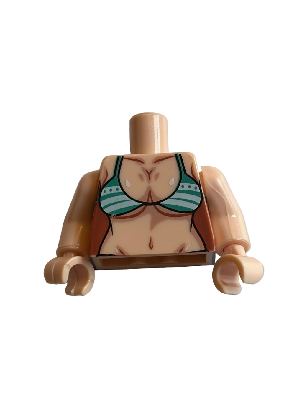 A custom printed LEGO minifigure torso piece with beige skin tone and a bikini bottom graphic, shown on a light gray background.