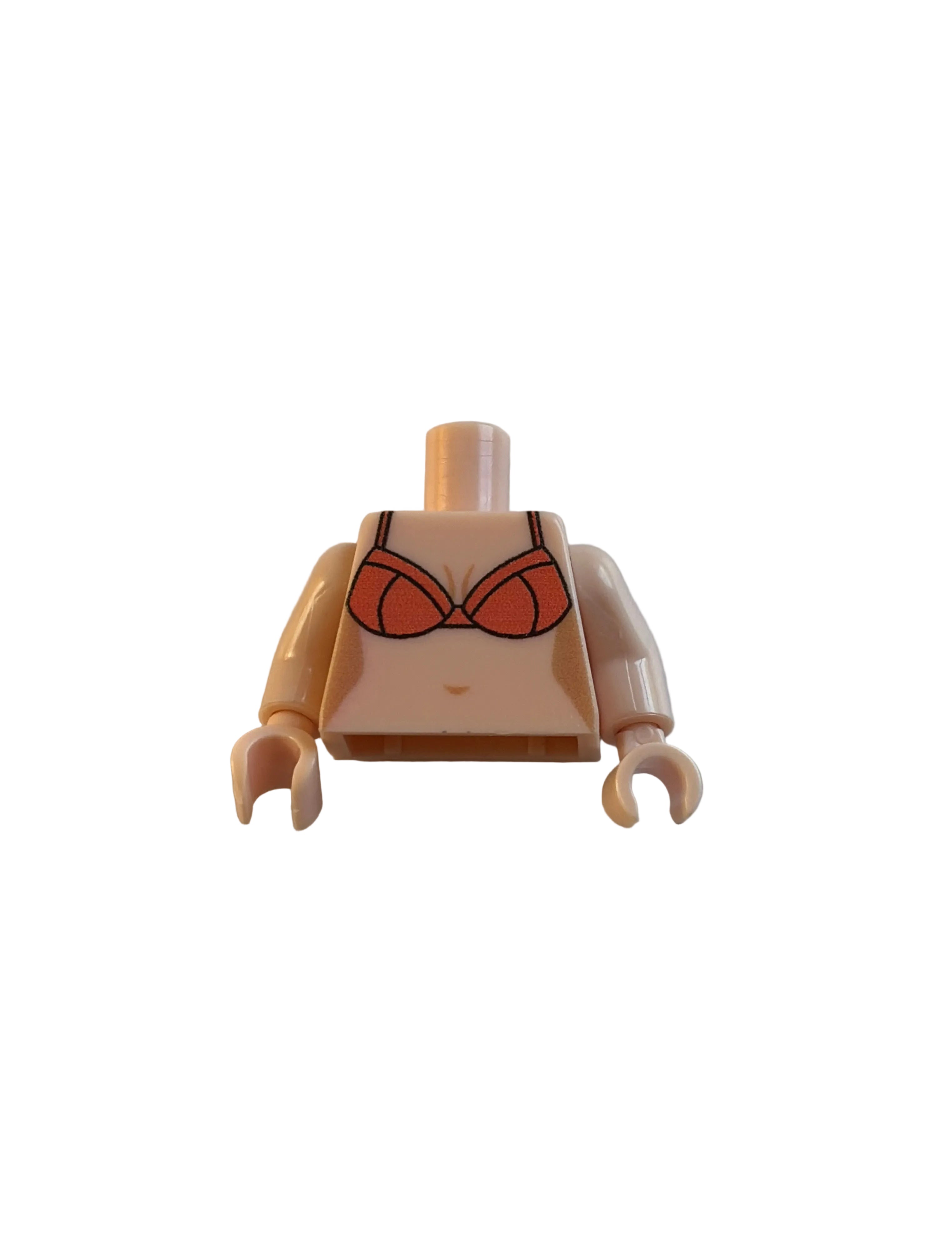 A single LEGO minifigure torso piece with printed peach skin tone and a bikini top design, shown on a plain light background.