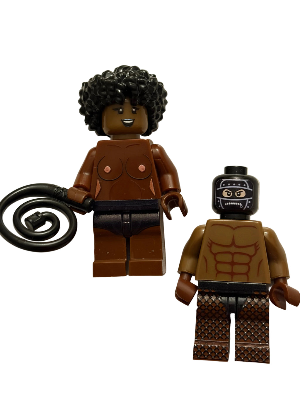 Black brown minifigure dominatrix and submissive on a white background 