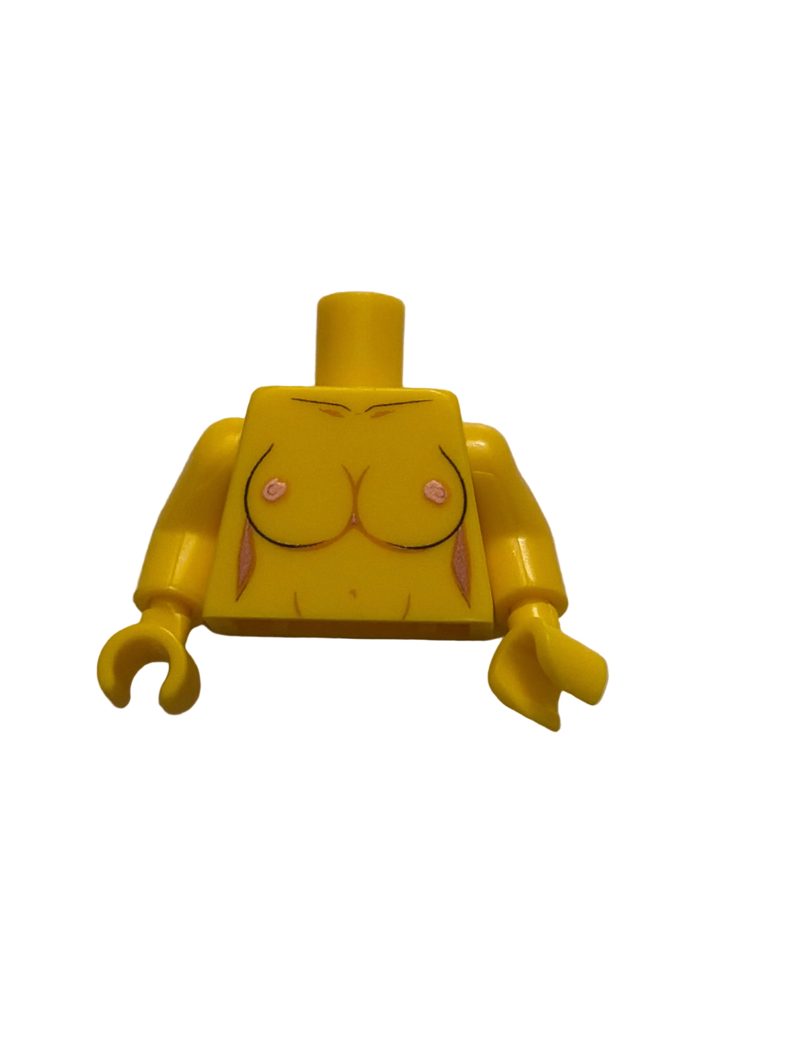A yellow plastic LEGO minifigure torso with a cropped, stylized female chest design, featuring small pink nipples and hand details, isolated on a white background.