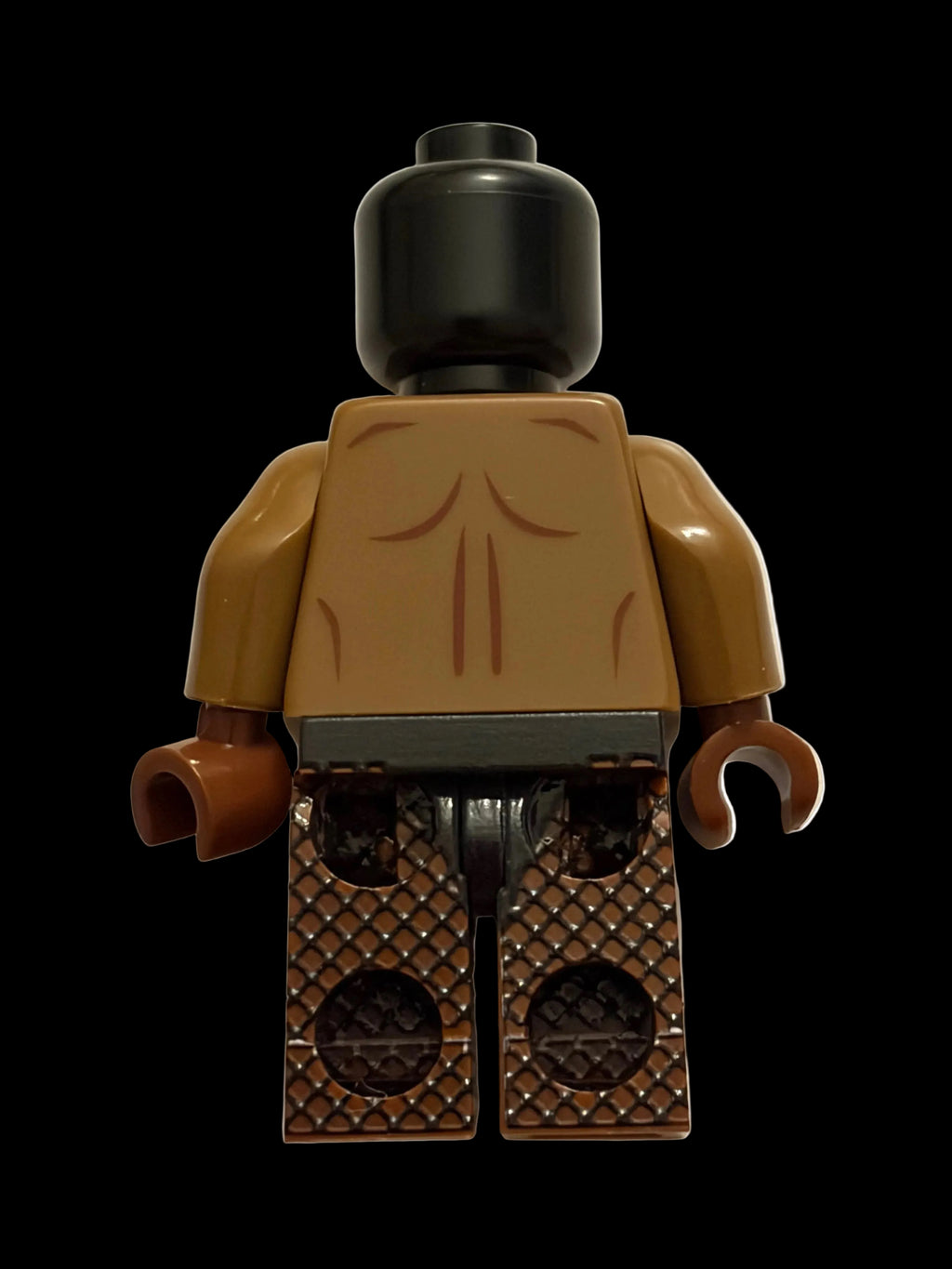 Rear of Brown minifigure legs and torso on a white background and black head