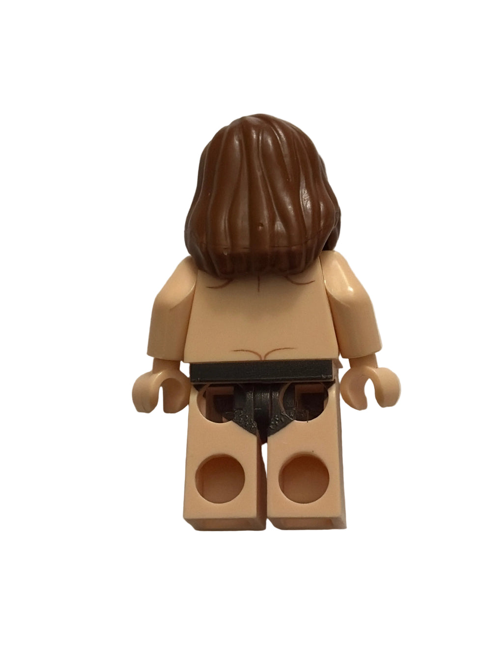 A LEGO minifigure torso with brown hair, beige skin, and a black belt, shown from a top-down view on a light gray background.