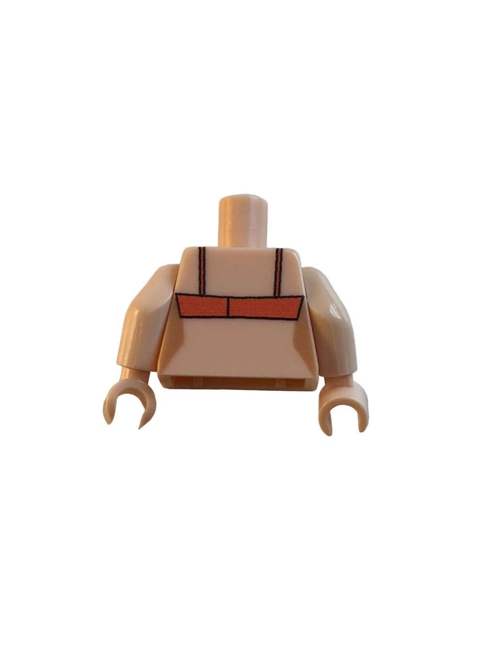 A LEGO minifigure torso piece with peach skin-tone arms and neck, featuring a printed orange and black utility vest design on the chest, set against a plain light gray background.