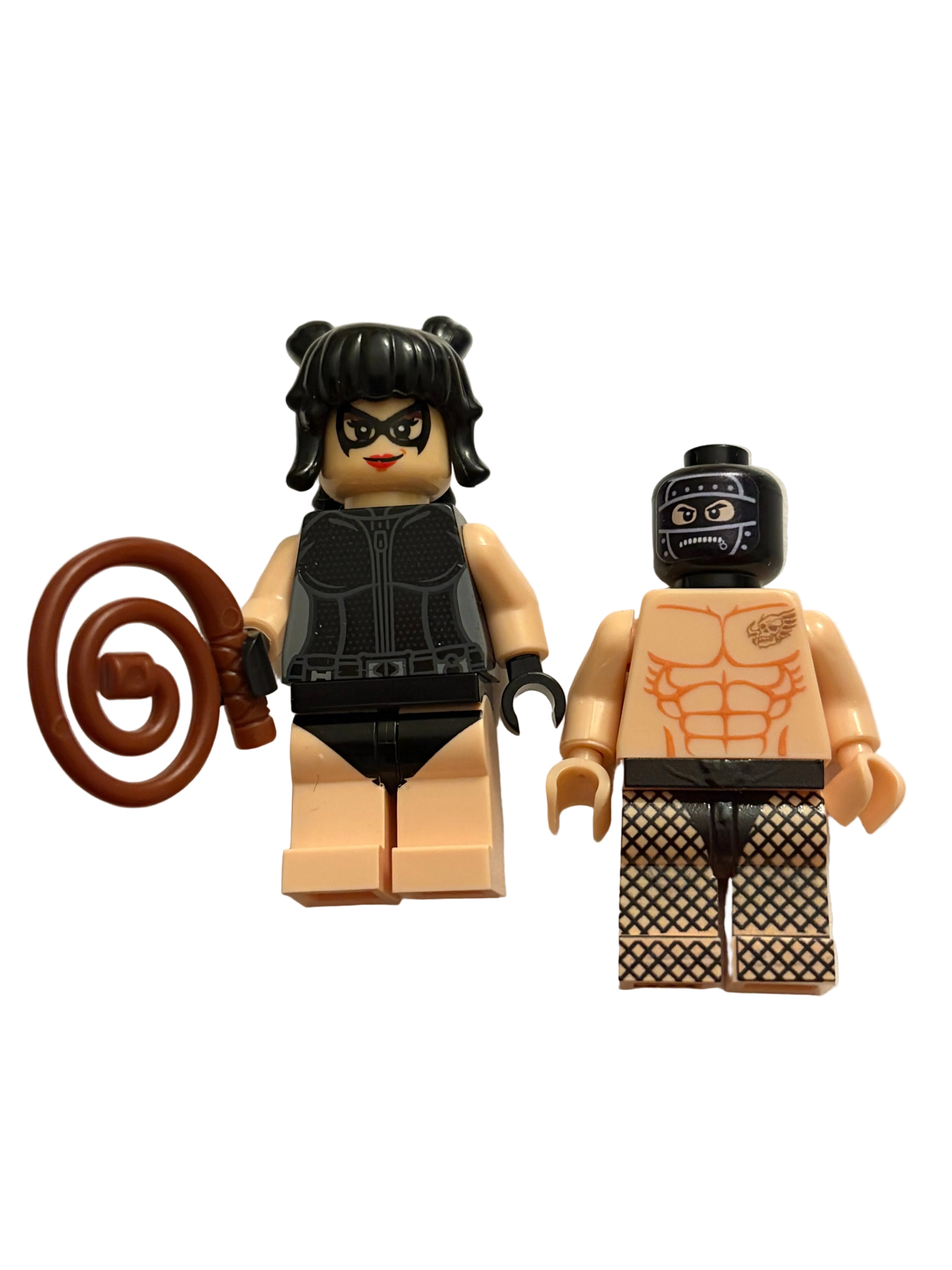 Pink minifigure legs and torso on a white background with whip
