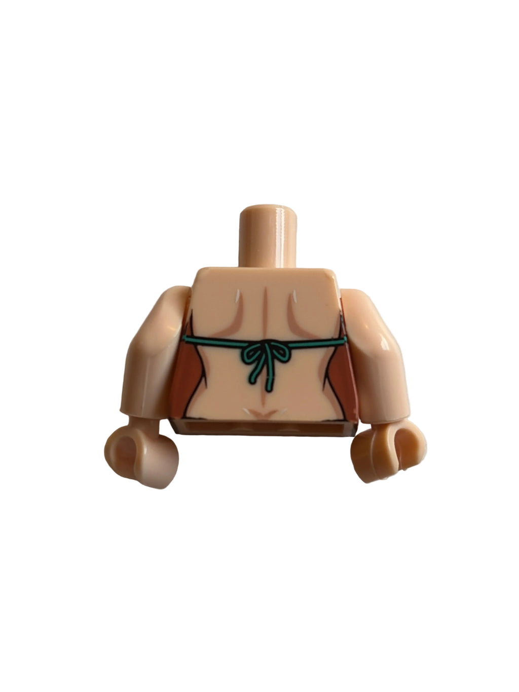 A LEGO minifigure torso piece with beige skin-tone plastic, printed brown chest details, and a thin green tie graphic, shown on a plain light background.