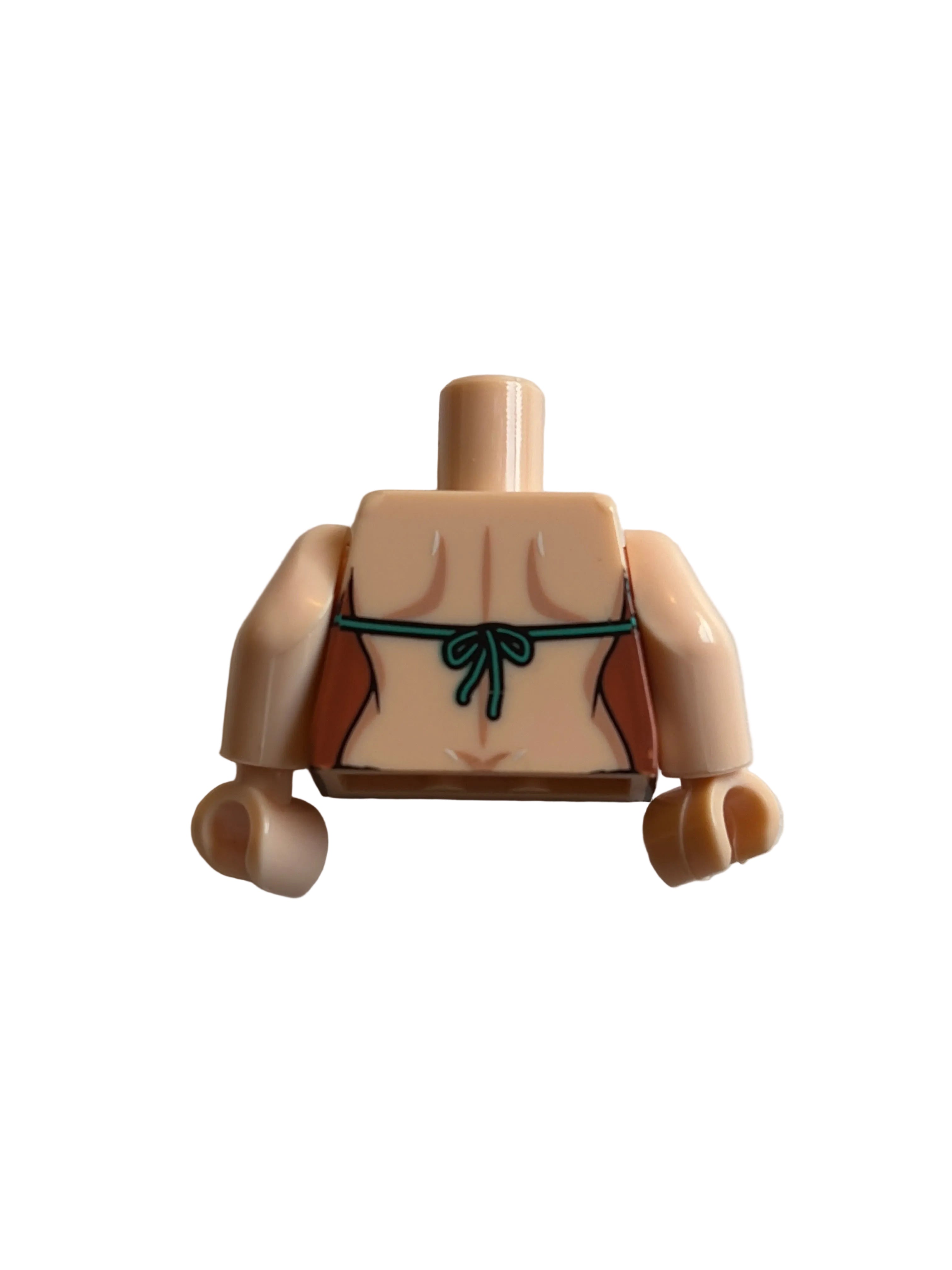 A LEGO minifigure torso piece with beige skin-tone plastic, printed brown chest details, and a thin green tie graphic, shown on a plain light background.
