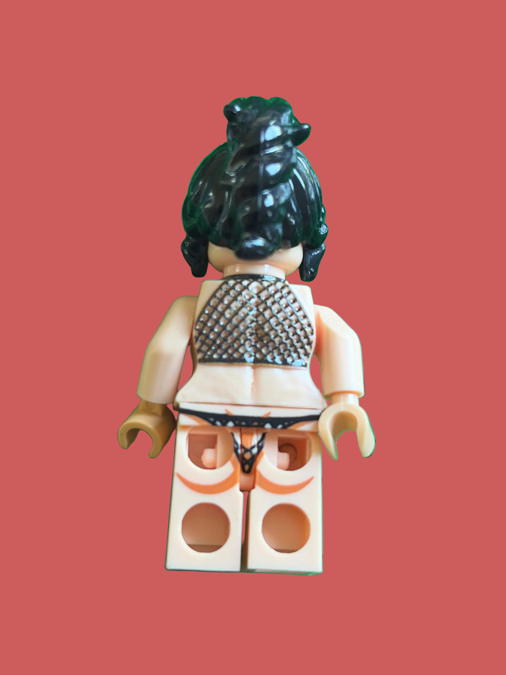 A 3D custom minifigure viewed from the back, wearing a black mesh top and black mesh underwear on a light pink background 