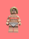 A custom female minifigure with blonde hair, a censored chest graphic, and grey bottoms, isolated on a white background.