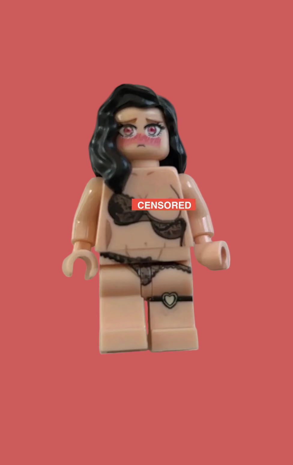 A female minifigure with long black hair, wearing a black lace bra and thong, with a red 'CENSORED' overlay on her chest, isolated on a pink background.