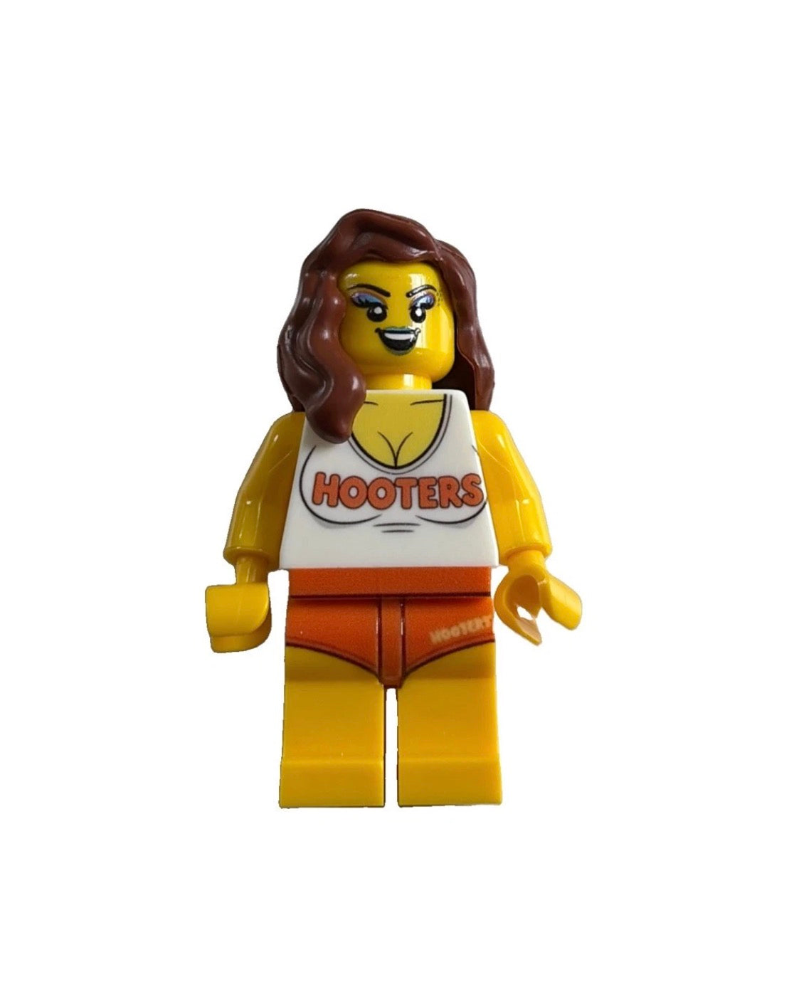 A minifigure of a woman with brown hair, wearing a white tank top with 'HOOTERS' in red and orange lettering, and orange shorts, on a plain white background.