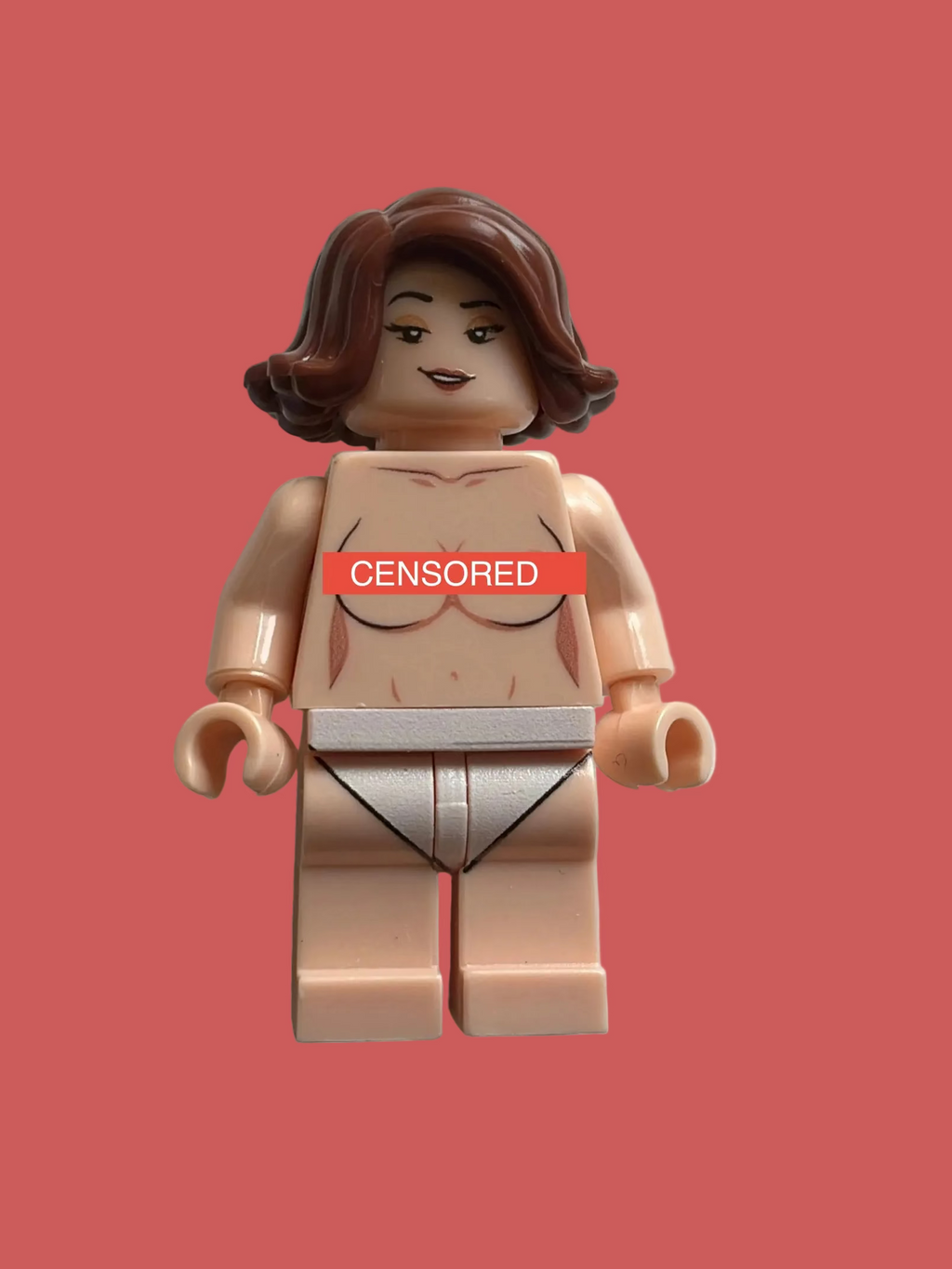A female minifigure torso with brown hair, beige skin, and a red censored bar over the chest, isolated on a white background.