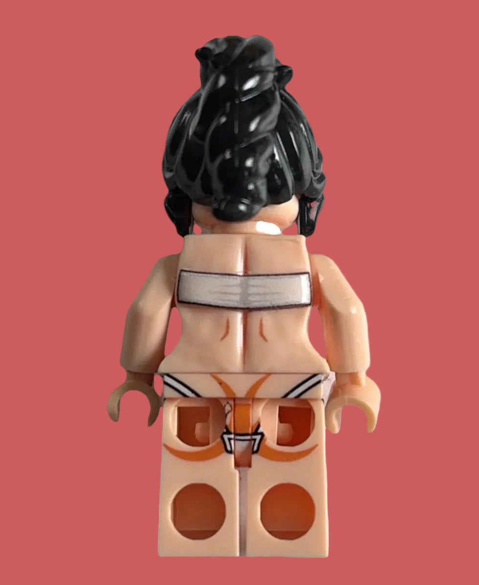 A back view of a unique custom 3D minifigure with black hair, a beige skin tone, a white top, and white bikini bottoms, isolated on a pink background.